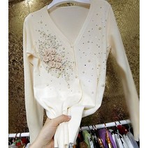 꽃 무늬 니트 가디건 조끼 럭셔리 여성 v 넥 라인 석 요정 진주 스웨터 코트 3d