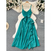 미국 레트로 롱 원피스 A라인 브이넥 스트랩 얼룩 불규칙한 프릴 단색 우아한 이브닝 파티