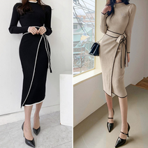 하객룩 폴라 핏좋은 원피스 허리끈 반목 니트 랩스타일 리본