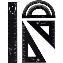 4 Pcs Steel Scale Ruler Set 2 Pcs Triangular Ruler + Protractor + Linear Ruler 4 Pack Math Geometry, 01 Black
