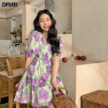 DFMEI 스퀘어넥 플리츠 원피스 여 날씬해 보이는 하이웨이스트 퍼프 스커트