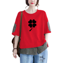 미녀언니중년여성 순면 체크 배색 반팔 티셔츠 빅사이즈 QQC149