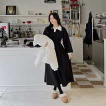 핫핑 바엘드 배색 오픈카라 기모 롱원피스