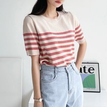 오오엘 여성용 간절기 베니 부드러운 스트라이프 라운드 반팔 니트