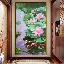 HAENGBUK 대형 보석십자수 연꽃 돈을 부르는 구어도 비단 잉어 재물운 학업운 그림 풍수, 하나, 80X150cm
