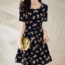 [M-3XL] 편한 얇은 여성 단아한 고급 플라워 캐주얼 패션 데일리 빅사이즈 키작은 오피스룩 20대 30대 40대 허리꼬임 반팔 미디 원피스 a라인 스커트
