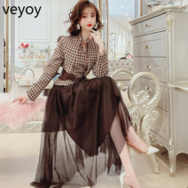 vsyoy 미나 커스텀 레트로 하운드 세트 가을 2022 새로운 디자인 센스 재킷 메쉬 스커트 투피스 세트