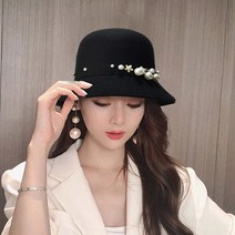 여자페도라 중절모 봄가을 빈티지 여성 모자 진주 리본 솔리드 컬러 양모 펠트 페도라 가장자리 가을 겨울