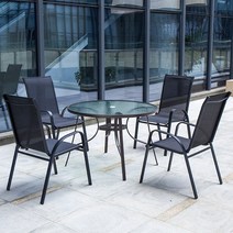 썬빌라 메쉬의자 코스트코 아웃도어 휴양지 썬베드 야외 의자 홈 레저 등받이 안락 의자 야외 밀크티 숍 방수 야외 안뜰 테이블과 의자 우산 조합, 블랙 스택 체어 4개   워터 패턴 라운드 테이블 10