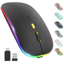 【업그레이드】 LED 무선 마우스 충전식 슬림 무소음 2.4G 휴대용 모바일 광학 오피스 USB 타입 C 리시버 포함 노트북 PC 컴퓨터 데스크톱용으로 3단 조절이 가능 DPI 레, Black