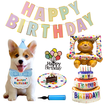 Coububu 강아지 고양이 애완 동물 생일파티 고깔모자 + 스카프 세트 + 케이크 모형, 블루 세트