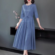 Crzen 빅 사이즈 면 마 원피스 여자 중년 롱 원피스 23M802