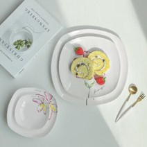 [RA†]감각적인 프린팅 사각쿠프 접시 머그컵 디저트식기 앞접시 브런치 신혼그릇 플레이팅 도자기 레이틸 한식기▨_ea, Ж 플레나 사각접시 11 2P