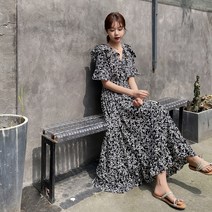 물방울 플라워 브이넥 반팔 A라인 로브 롱 쉬폰 원피스 4XL 100kg까지