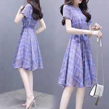 쉬폰 원피스 11058 여성 여름 진주코사지 체크 반팔