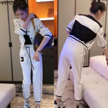vsyoy 유럽 스포츠 레저 정장 여성의 새로운 패션 하이 허리 대형 컬러 매칭 야구 정장 프라이드 스트리트 투피스 세트