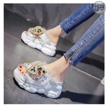레이스 큐빅리본 통굽 웨지슬리퍼