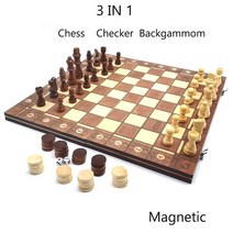 고급 체스 게임3인 1 나무 체스 세트 체커 백가몬 마그네틱 접이식 보드 가정용 여행용 가족에게 완벽한 선, 01 24x24cm