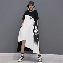 40대원피스 30대원피스 휴양지원피스 여름원피스 여성 여름 2021 새로운 라운드 넥지 반팔 중반 송아 드레스 준비 색상 접합 한 드레스 화려한 롱 원피스