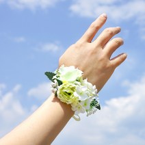 파티짱 브라이덜 샤워 조화 꽃 화관 팔찌, 브라이덜샤워 꽃 팔찌 (크림리본)