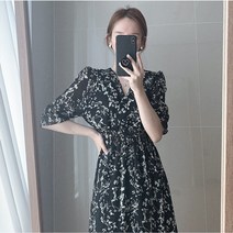 개화기의상 중세드레스 시크라인 청소년 중학생 빈티지 한국 패션 의류 여름 슬림 탄성 허리 라인 v 넥 우아한 사무실 레이디 꽃 세련된 쉬폰 긴 드레스 레트로
