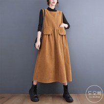 도오빠 여성 롱 원피스 코듀로이 뷔스티에 라운드 민소매 드레스 골덴 플레어 겨울 여자원피스 프리사이즈