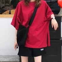 힙합 스타일 오버핏 옆트임 라운드 무지 반팔티