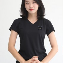 멋지군 코오롱 쿨론 기능성 브이넥 여성 고양이 자수 반팔 티셔츠