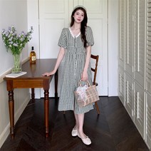 심플 빅사이즈 여름 프렌치 티타임 빈티지 그린 체크 원피스 여 허리 여 날씬해 보이는 살코기 롱스커트