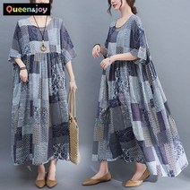 퀸앤조이 미녀77 에스닉 패치워크 오버핏 7부 반팔 원피스