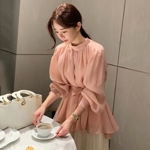 블라우스 긴 주름 투명 핑크 쉬폰 셔츠 여성 OL 스탠드 칼라 탑스 붕대