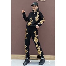 여성 명품스타일 벨벳 트레이닝복 금박 금실 꽃 자수 상하의 나들이복 세트