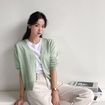 [바보사랑] 여자 V넥 얇은니트 여름 기본 파스텔 무지 가디건[옷자락]