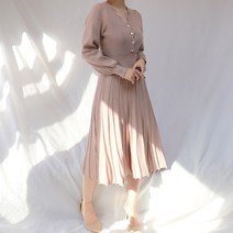 보석버튼 브이넥 퍼프 니트 플레어 롱 원피스