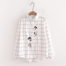흰색긴팔셔츠 봄계절 플래킷 고양이 자수남방 여성 면 화이트 이너티셔츠 와이셔츠 와이드 루즈핏 꽃자수 2599695904