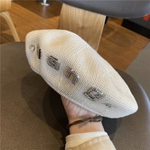 럭셔리 여성 라인석 로고 메쉬 니트 베레모 모자 여름 할로우 비니 패션 다목적 아티스트 화가