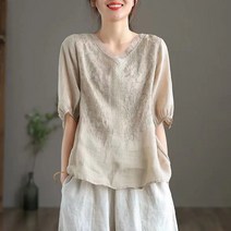 여성 여름 루즈핏 브이넥 면 마 반팔 블라우스 린넨 티셔츠