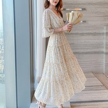 넷투넷코리아 여성 V넥 반팔 쉬폰 롱 원피스 루즈핏 플라워 하객룩