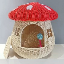고양이 라탄하우스 폐쇄 외출 집 이중 목적 애완 동물 둥지 등나무 귀여운 고양이와 개 안티 버섯, with cushion-red