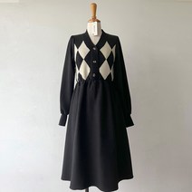 네모엔룩 여성용 아가일체크 허리밴딩 앞가슴 버튼장식 V넥 미디 원피스 NL