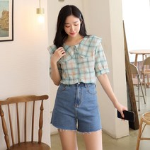플레이팝 여성용 2컬러 체크 패턴 프릴넥 셔링 반팔 블라우스