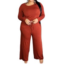 IyMoo 여성용 플러스 사이즈 긴소매 루즈핏 와이드 레그 키 홀 백 캐주얼 점프수트 포켓 포함 주황색. 3X-Large