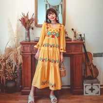 휴양지원피스 예쁜원피스 Gagarich-보헤미안 빈티지 에스닉 롱 드레스 자수 플레어 커프스 타이 스윙 리조