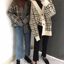 [] 여자 봄 가을 여행룩 오버 하운드체크 브이넥 가디건