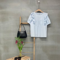 원타임 여성용 라운드넥 프릴 셔링 반팔 블라우스