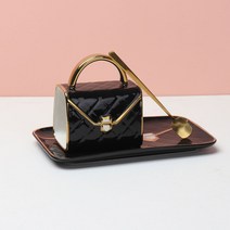 가방 머그컵 홈카페 머그잔1p+도자기 플레이트1p+예쁜 스푼1p, 2세트, 블랙