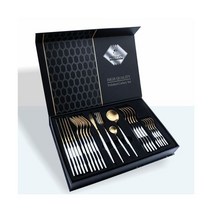 골드 식기 세트 스테인레스 스틸 나이프 포크 스푼 칼 주방 식기류 세척기 사용 가능 24 피스, White Gold-24PCS