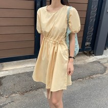 사선 스트링 퍼프 코튼 반팔 원피스