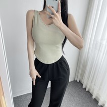 둥근 밑단 양브이넥 세미 크롭 골지 민소매 나시 4컬러