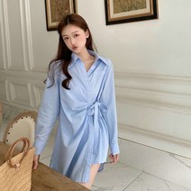 쭈글이원피스 MOMOWOAI 에이 무어 디자인감각 허리보정 슬림핏 블루 셔츠 옆 스트랩 2355572383